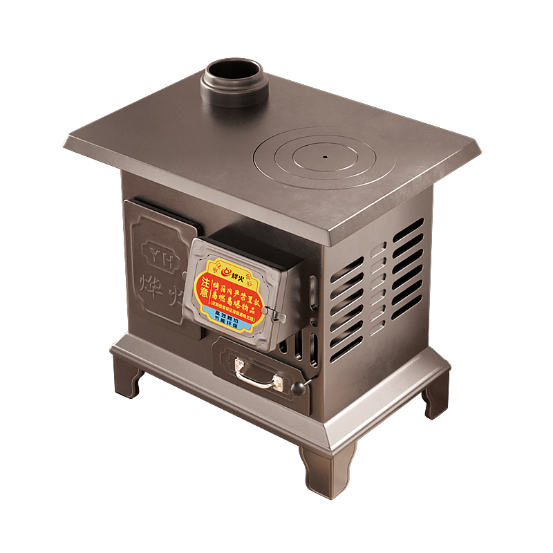 What technologies does the open door heating stove use to improve thermal efficiency and achieve the goal of energy conservation and emission reduction?